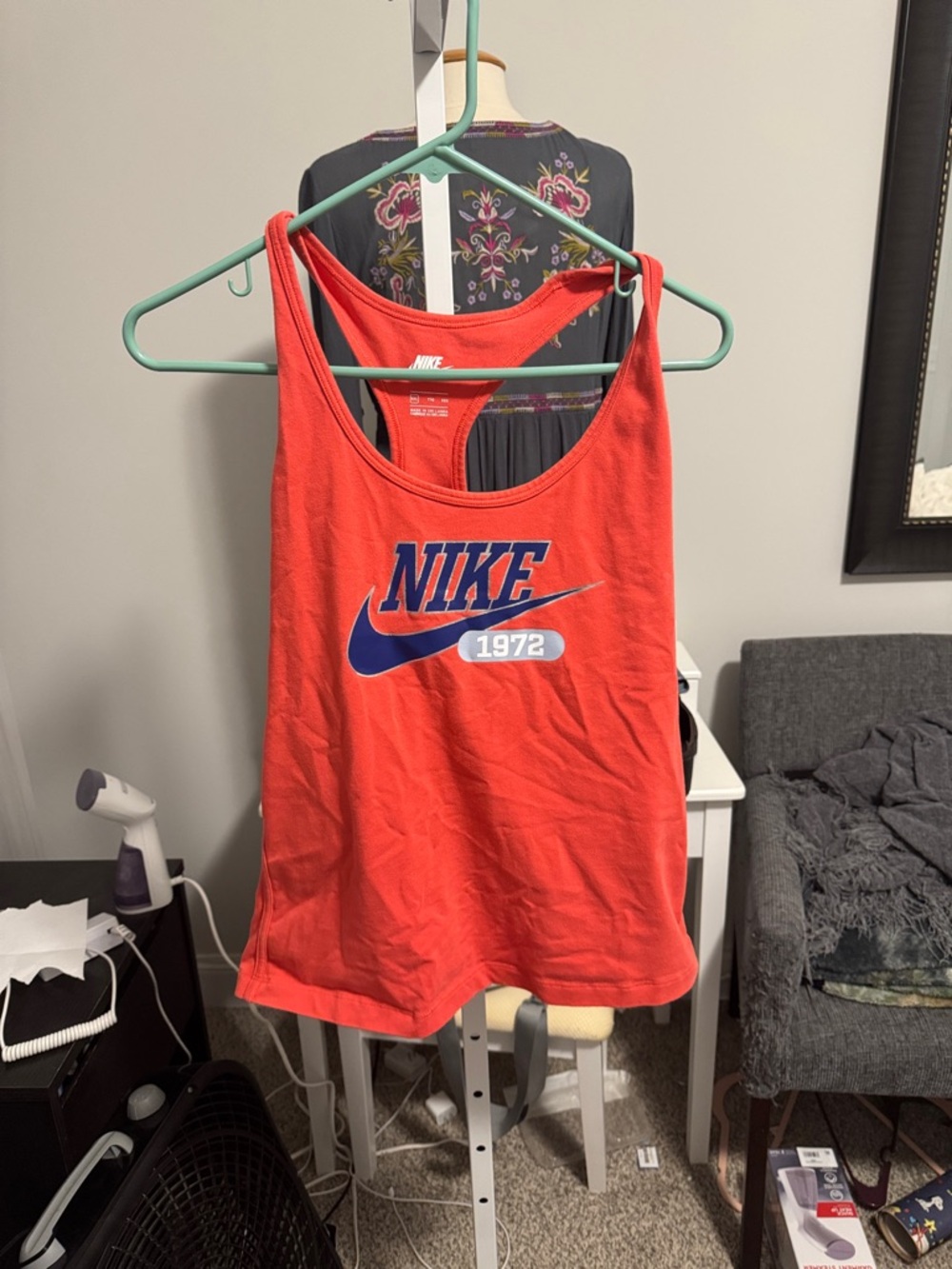 Nike Orange-Red Racerback Tank with Blue Swoosh and White 1972 Accent